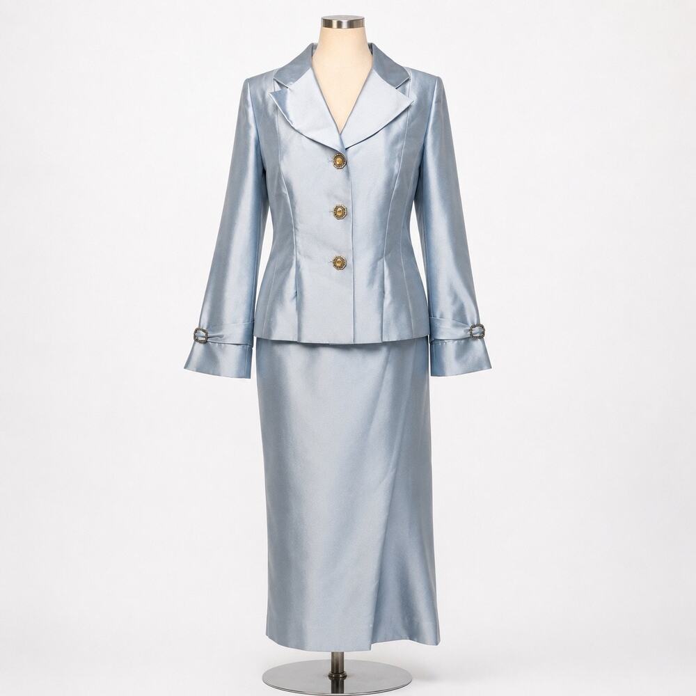 Lily & Taylor Robins Egg Blue Embellished Skirt Suit Set knee length 20 NWOT
